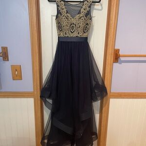 City Triangles Navy and Gold Prom Dress
